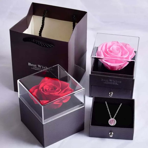 Preserved Rose In a Acrylic Box with Silver Plated October Birthstone Necklace - Picture 10 of 15
